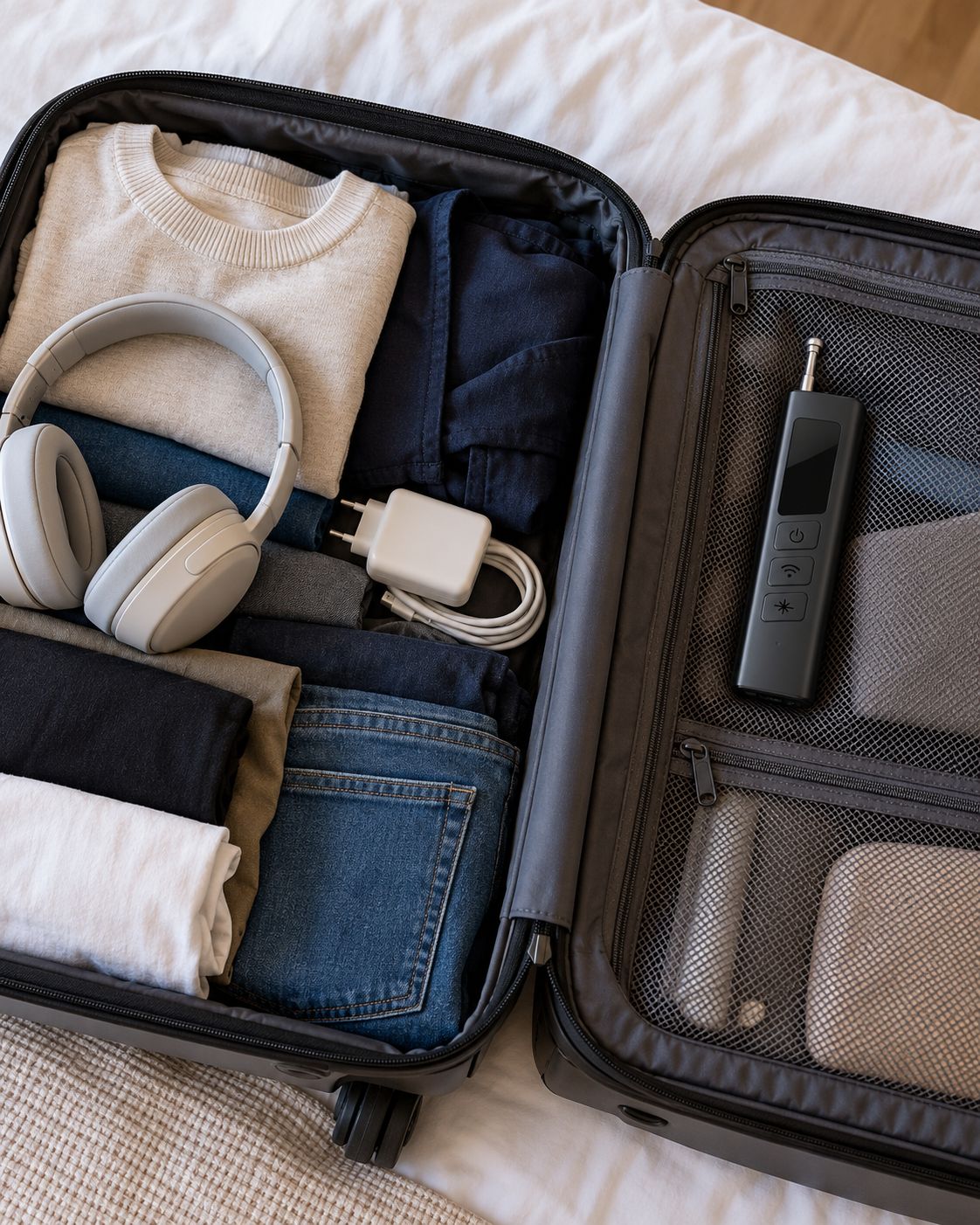 Camera detector packed in a carry-on suitcase pocket